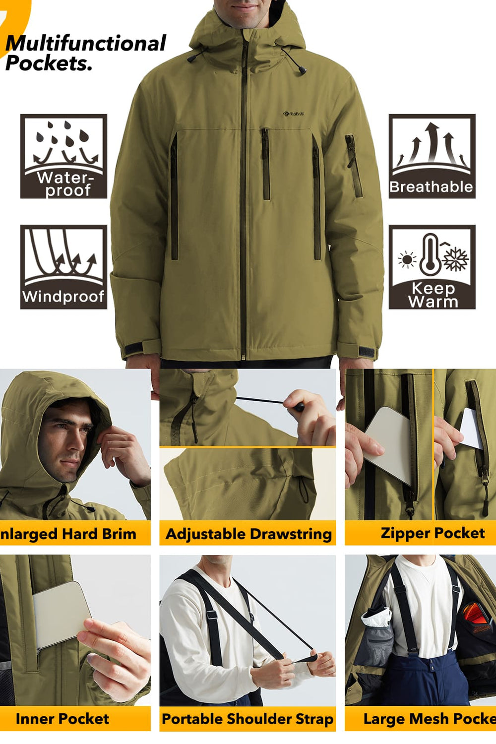 GEMYSE Men's Ski Jacket Warm Winter Snow Coat Waterproof Mountain Windbreaker Jacket for Snowboarding Hiking