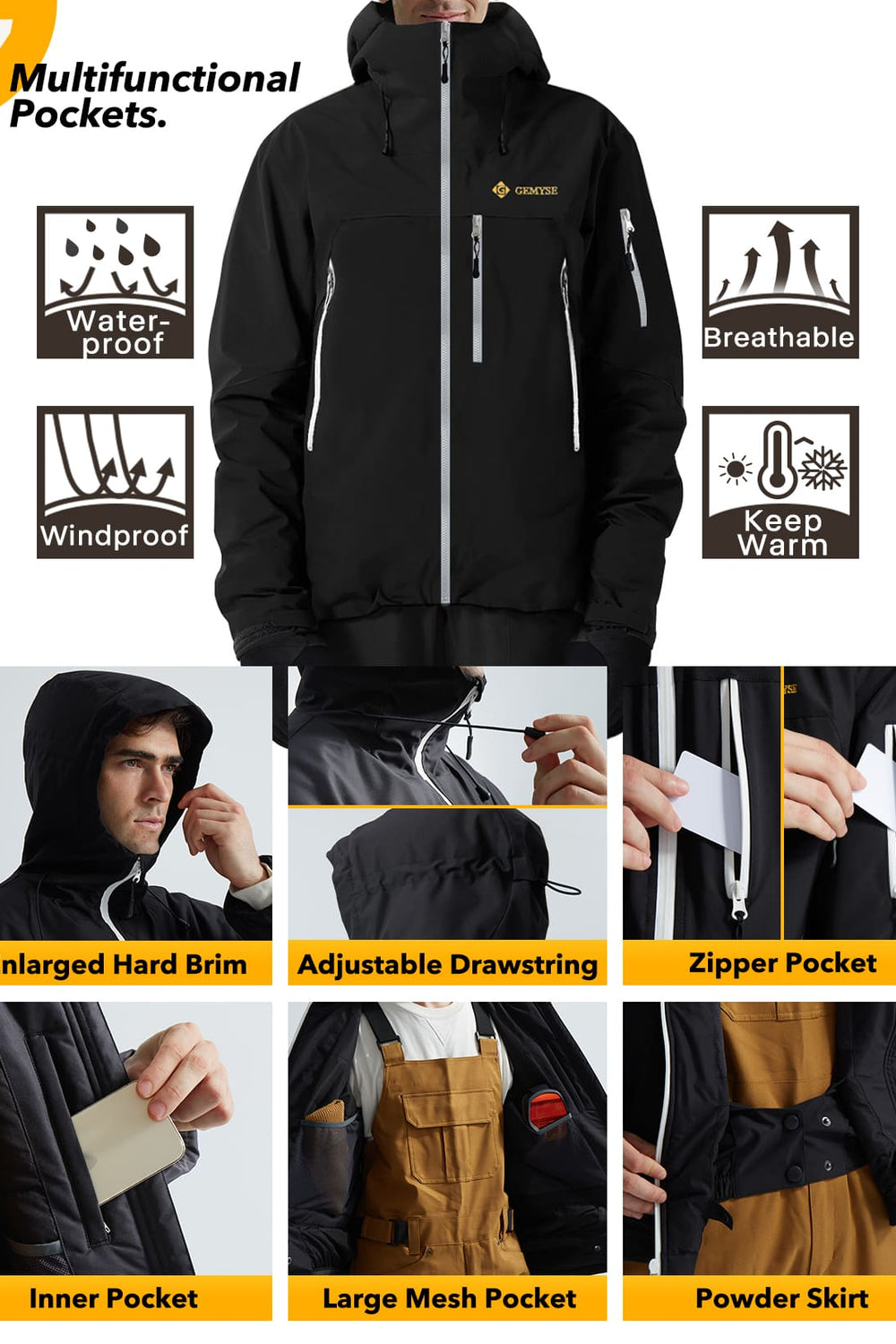 GEMYSE Men's Ski Jacket Warm Winter Snow Coat Waterproof Mountain Windbreaker Jacket for Snowboarding Hiking