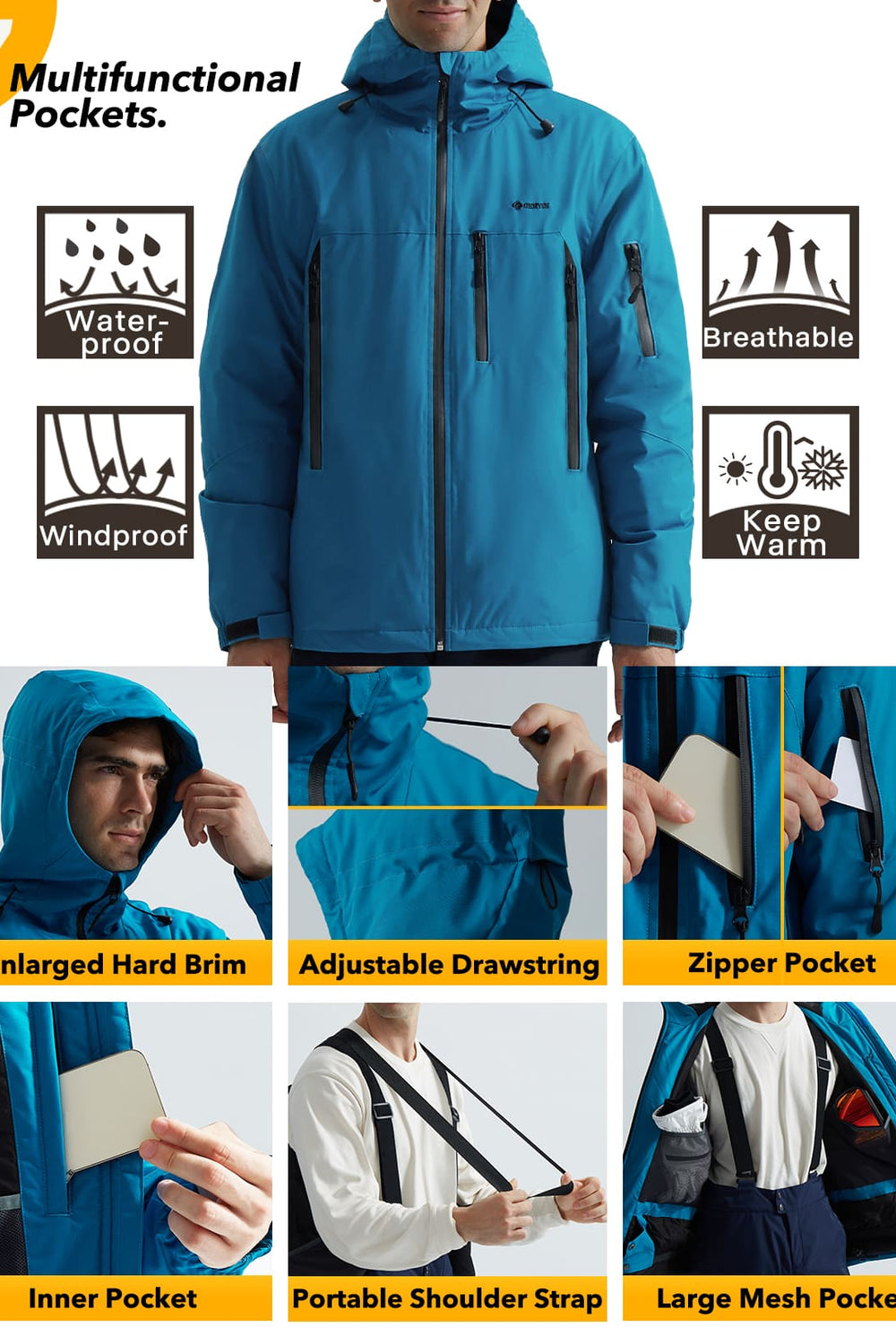 GEMYSE Men's Ski Jacket Warm Winter Snow Coat Waterproof Mountain Windbreaker Jacket for Snowboarding Hiking