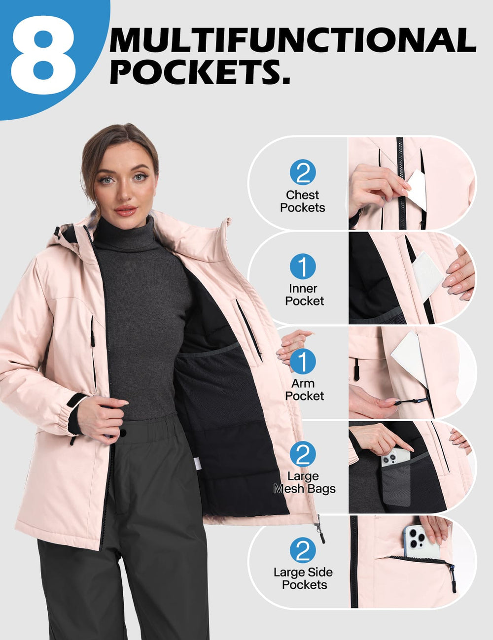 GEMYSE Women's Ski Jacket Waterproof Winter Snow Coat Warm Hooded Windbreaker Snowboarding Windproof Rain Jacket