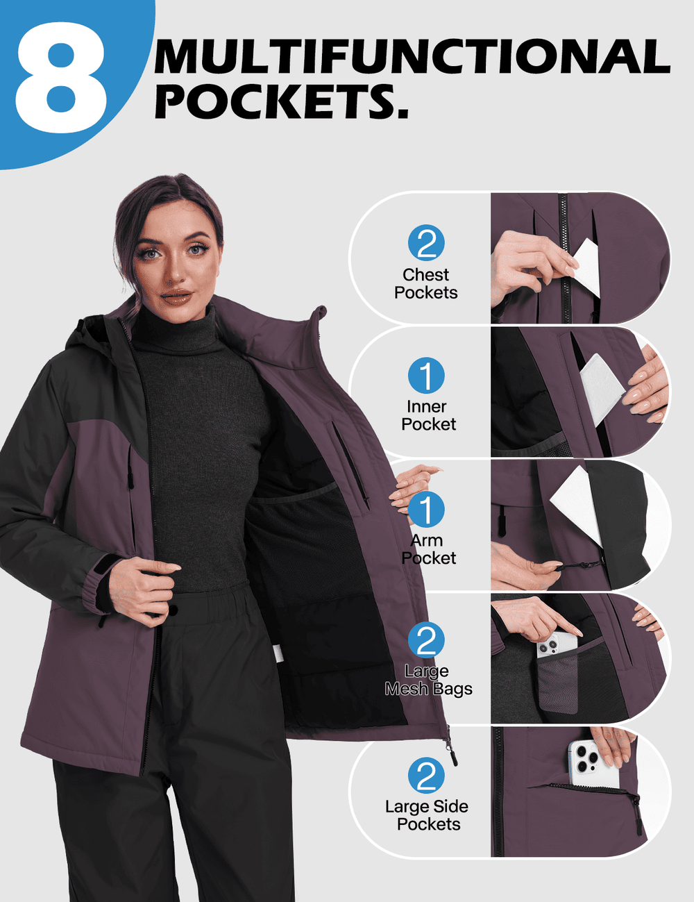 GEMYSE Women's Ski Jacket Waterproof Winter Snow Coat Warm Hooded Windbreaker Snowboarding Windproof Rain Jacket