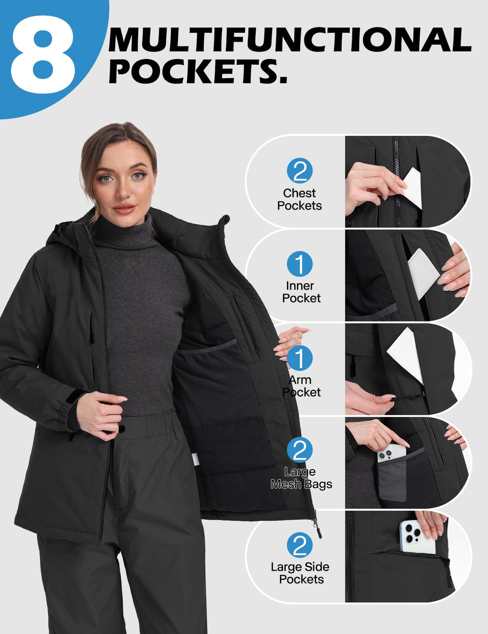 GEMYSE Women's Ski Jacket Waterproof Winter Snow Coat Warm Hooded Windbreaker Snowboarding Windproof Rain Jacket