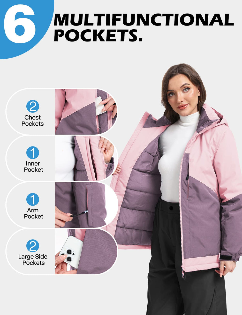 GEMYSE Women's Ski Jacket Waterproof Snow Jacket Windproof Warm Winter Coat Hooded Snowboarding Windbreaker