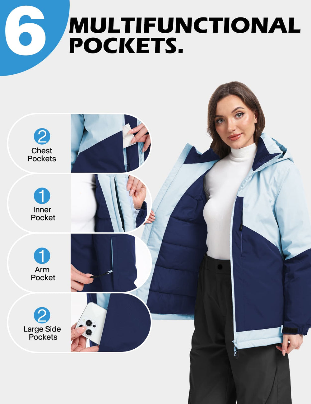 GEMYSE Women's Ski Jacket Waterproof Snow Jacket Windproof Warm Winter Coat Hooded Snowboarding Windbreaker