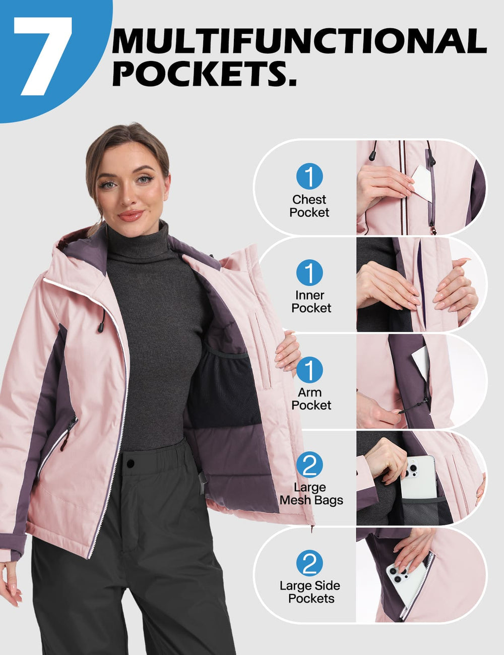 GEMYSE Women's Waterproof Winter Jacket Ski Snow Jacket Windproof Warm Rain Coat Insulated Sonwboard Hooded Jacket