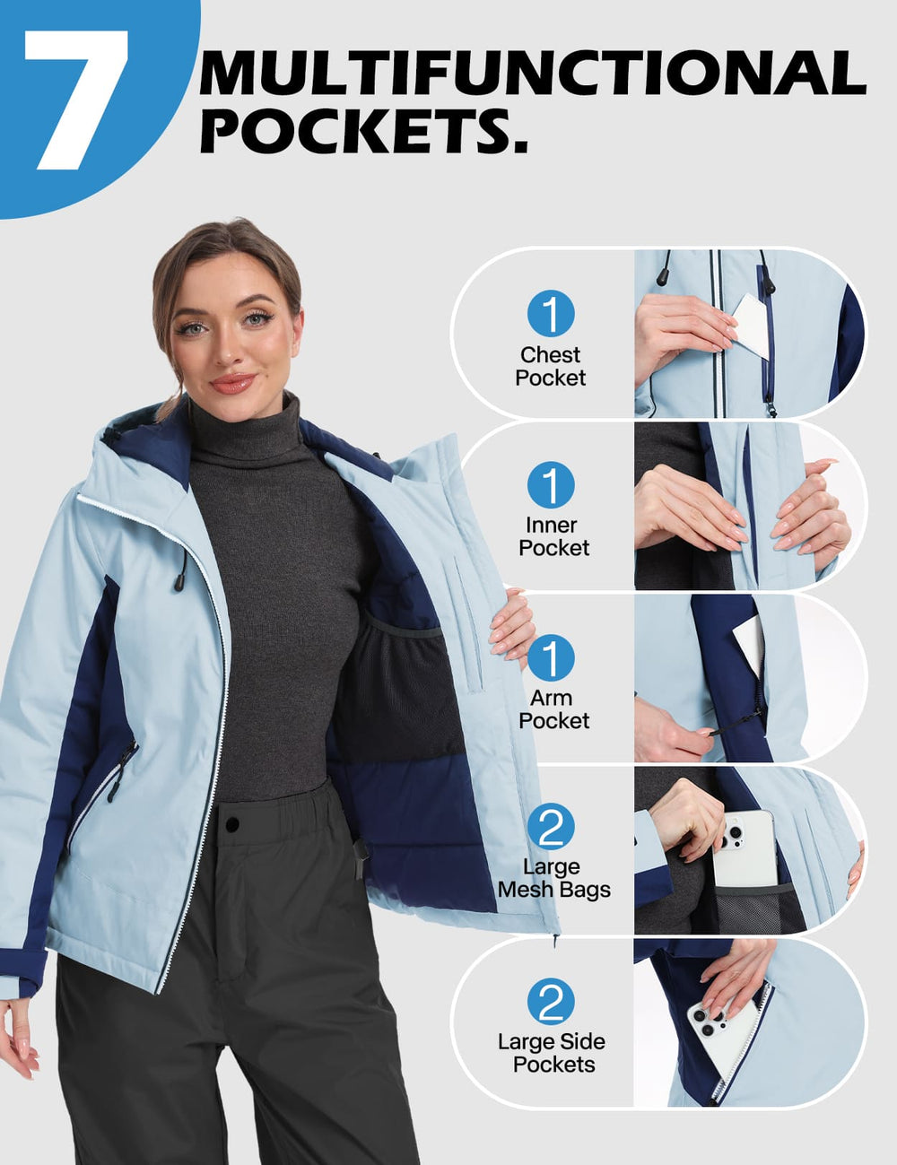 GEMYSE Women's Waterproof Winter Jacket Ski Snow Jacket Windproof Warm Rain Coat Insulated Sonwboard Hooded Jacket