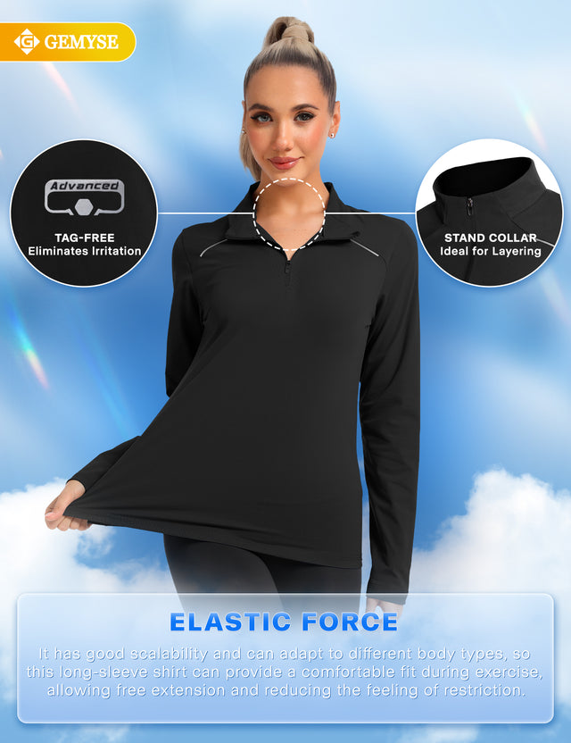 GEMYSE Women's 1/4 Zip Pullover Shirts Long Sleeve Workout Tops Quick Dry Casual Rash Guard Shirts