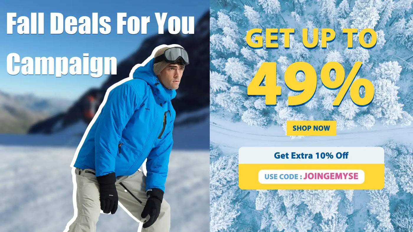 Advertisement for a fall deals campaign featuring a person skiing in winter attire.