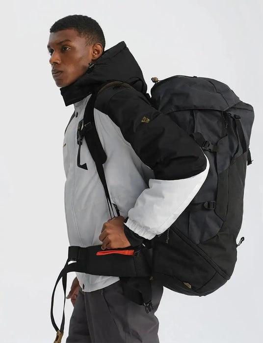 Black hiking backpack with multiple compartments and straps.