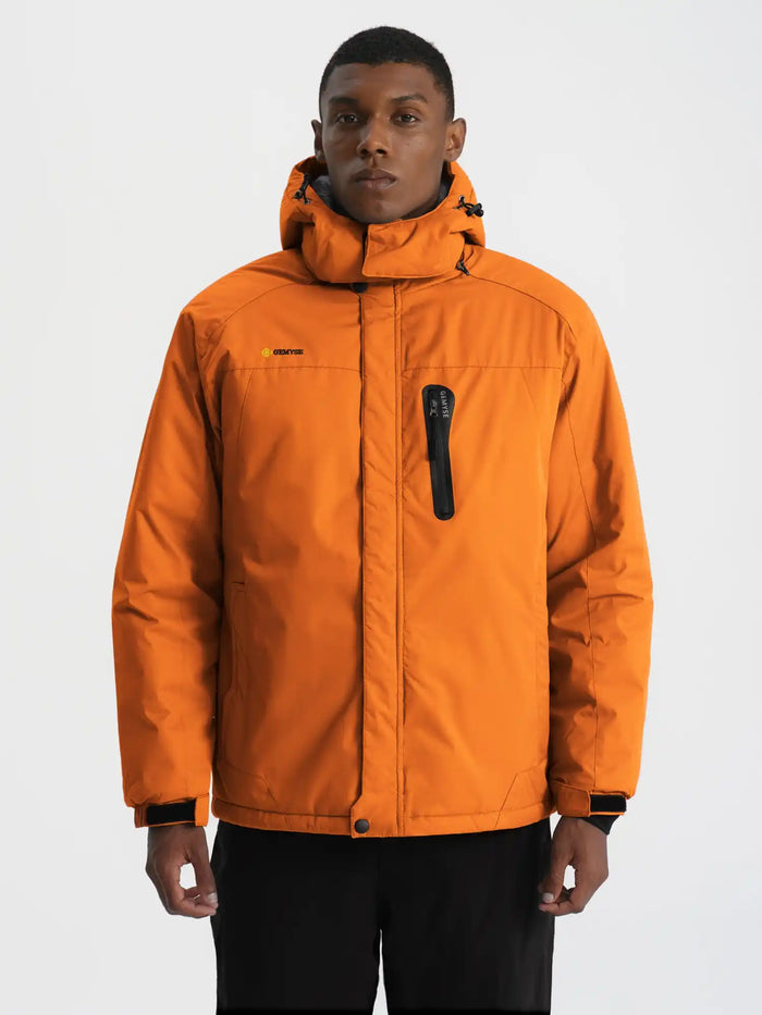 Bright orange winter jacket with a hood and zippered chest pocket.