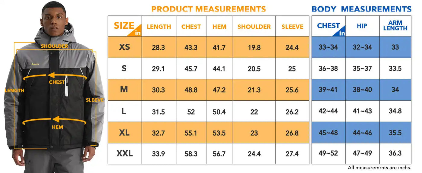 Gray and yellow hooded jacket worn by a model, with a sizing chart displayed below.