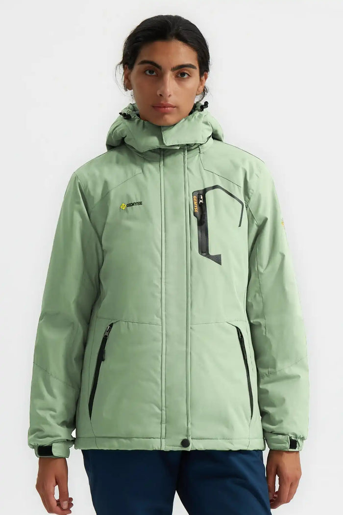 Mint green hooded winter jacket with zippered pockets.