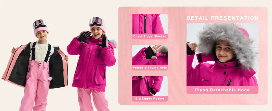 Pink winter jacket with detachable components shown in multiple views.