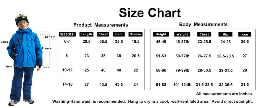 Size chart for children’s outerwear with product and body measurements.