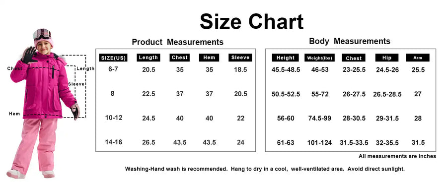 Size chart for winter outerwear with product and body measurements.