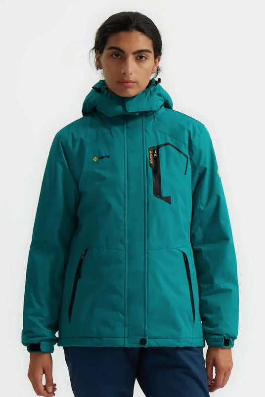 Teal winter jacket with a hood and multiple pockets.