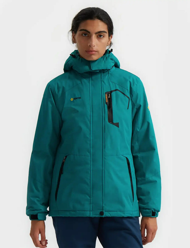 Teal winter jacket with a hood and multiple zippered pockets.