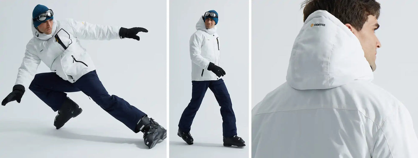 White winter jacket worn by a person in different poses.