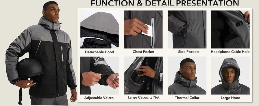 Winter jacket with multiple functional features highlighted in detail panels.