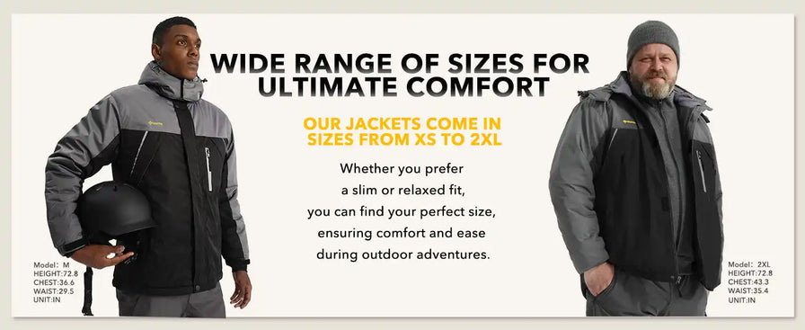 Winter jackets advertised in different sizes for comfort and fit.