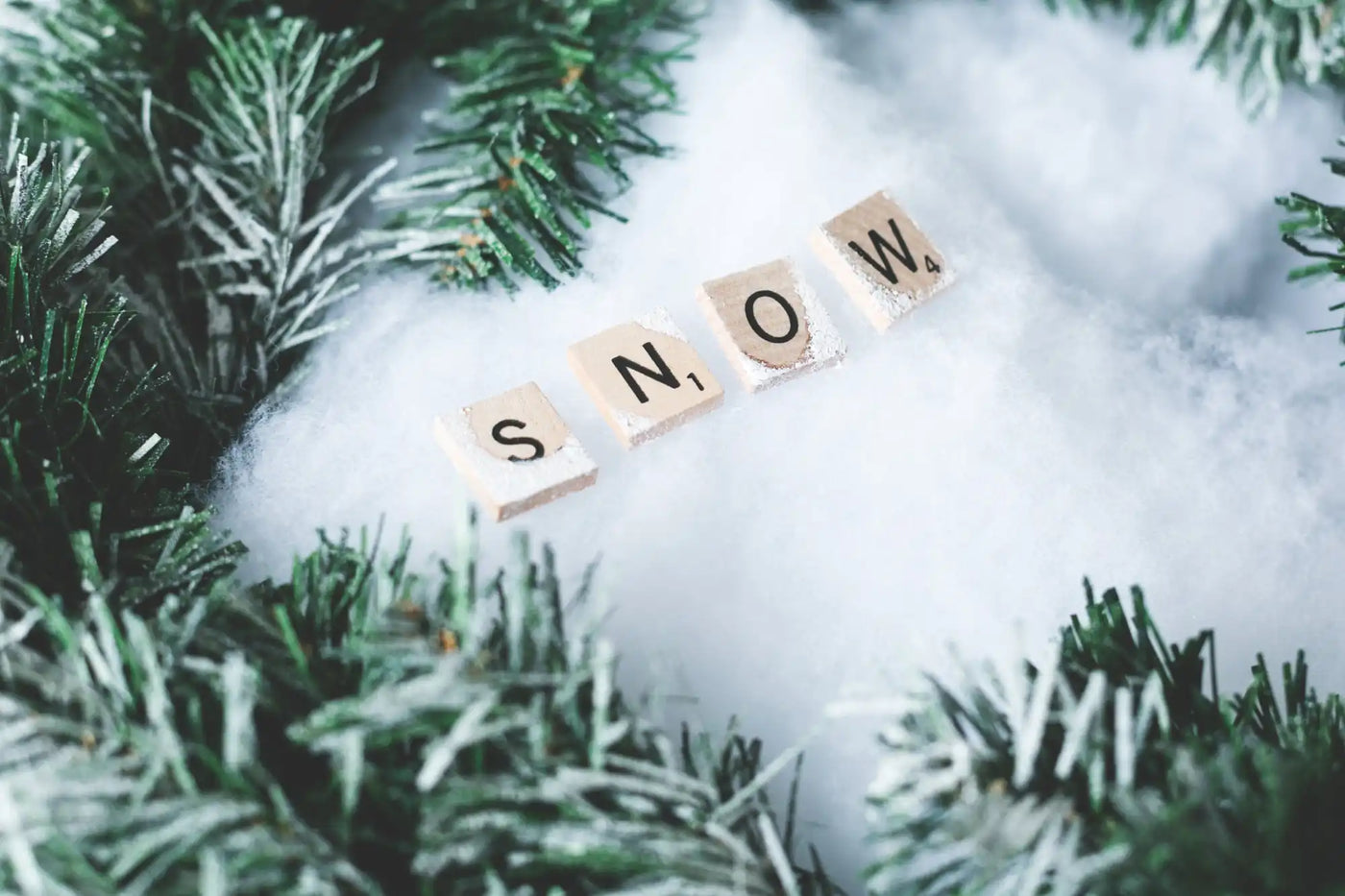 Wooden letter tiles spelling out ’SNOW’ on a snowy surface surrounded by evergreen branches.